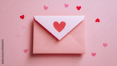Romantic Love Letter Envelope Surrounded by Colorful Heart Confetti on Soft Pink Background for Valentine's Day Celebrations and Special Occasions