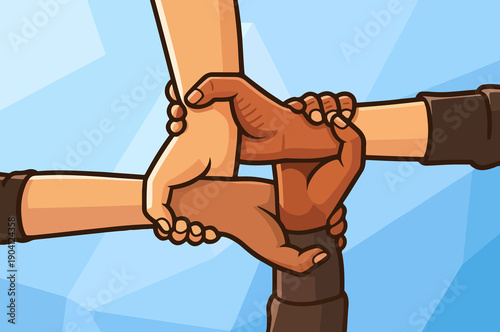 Фотография Illustration of diverse hands interlocked in unity, symbolizing teamwork, partne