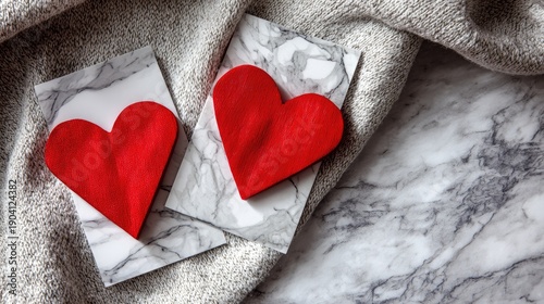 Red heart shapes on marble texture with soft blanket background, perfect for romantic themes or Valentine’s Day decorations and designs