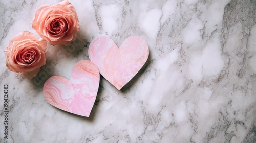 Romantic arrangement of pink roses and heart-shaped cards on a marble surface, perfect for love, wedding, or Valentine's Day celebrations and decorations