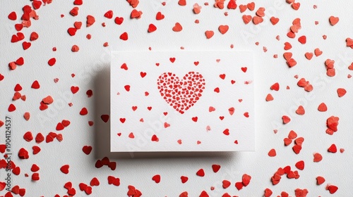 Love Theme Heart Card Surrounded by Small Red Paper Hearts on White Background for Romantic Occasions and Celebrations