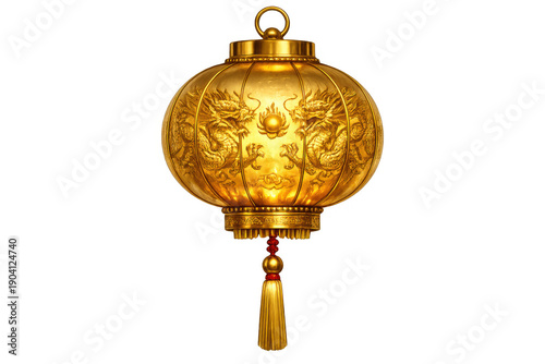 Golden chinese new year lantern illuminating cultural tradition, featuring intricate dragon symbolism, auspicious celebration, with transparent background