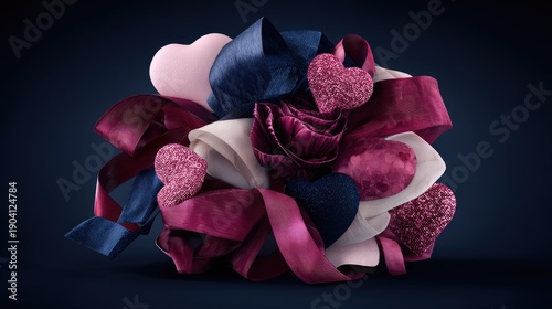 Colorful arrangement of assorted ribbons, hearts, and decorative elements for special occasions, capturing the essence of love and celebration in a striking display