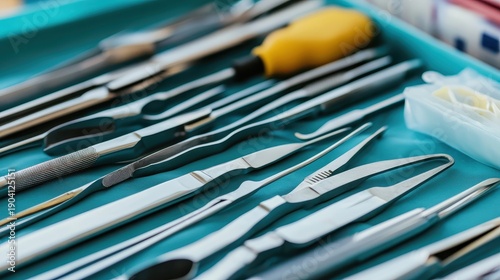 A close up detailed view of a sterile assortment of sharp medical surgical instruments laid out on a clean surface