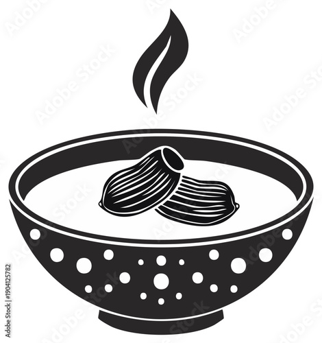 Stylized bowl with seed pods and leaf above, monochrome vector illustration