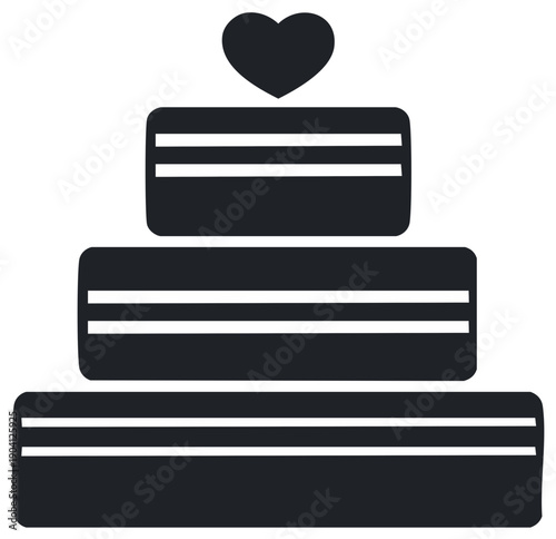 Simple black silhouette icon of a three-tiered wedding cake with a heart topper