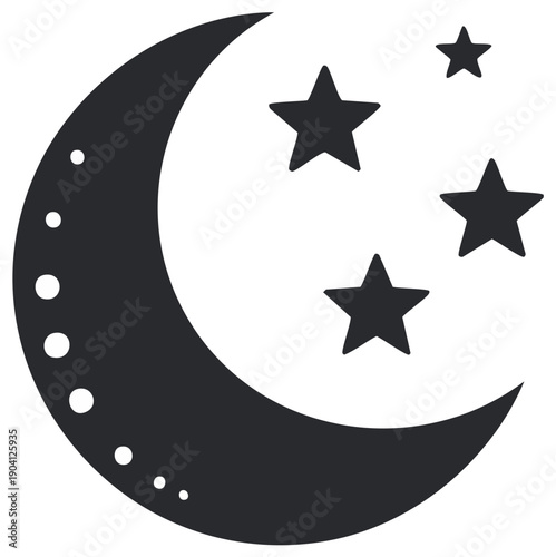 Crescent moon with three stars graphic symbol for night sky and celestial events