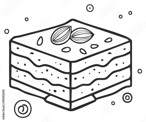 Hand Drawn Baklava Slice with Almonds Sweet Middle Eastern Pastry Doodle Illustration