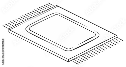 Black white line art illustration rectangular area rug fringes simple border design