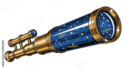 Vintage telescope showing Orion and Cassiopeia constellations in starry night