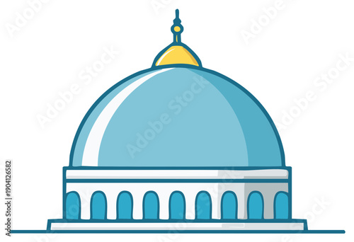 Stylized blue domed building with arches and golden finial architectural illustration