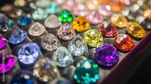 A dazzling collection of perfectly cut gemstones displaying a vibrant spectrum of colors