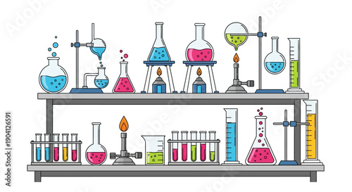 Vibrant laboratory setup with colorful chemicals and equipment