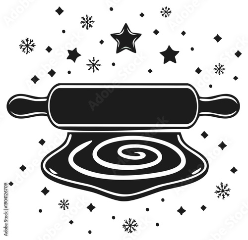 Rolling pin flattening dough with spiral, festive symbols