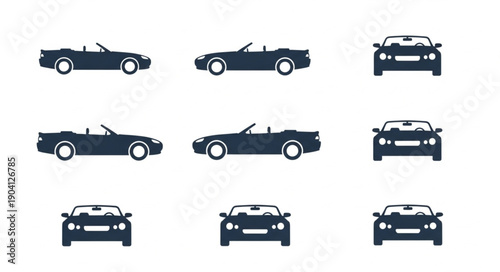 Set of dark blue convertible car icons in different views.