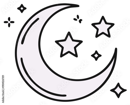 Whimsical Crescent Moon and Sparkling Stars Illustration with Soft Pastel Hues