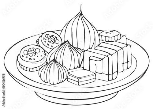 Assortment of traditional Indian sweets on a serving platter black and white line art vector illustration