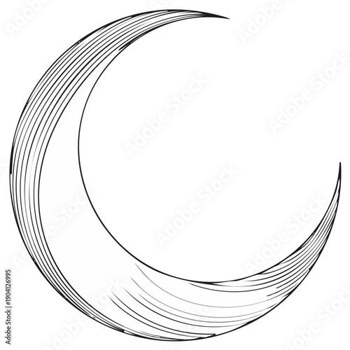 Artistic crescent moon shape with thin parallel lines in sketch style