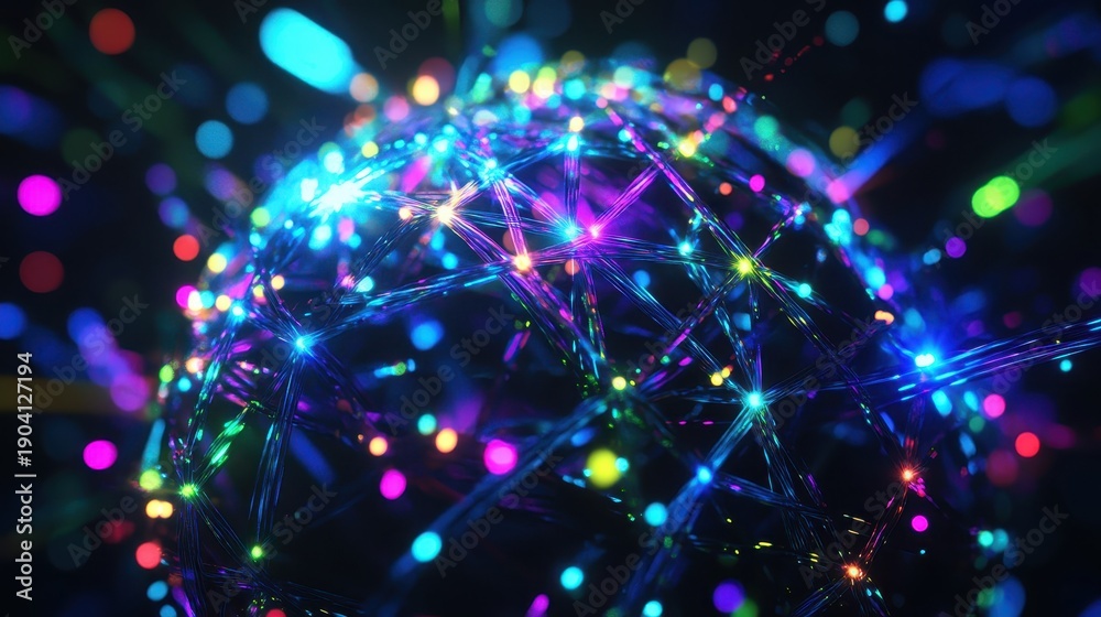 Fototapeta premium A glowing abstract sphere constructed from interwoven strands of bright colorful lights forming a complex interconnected network