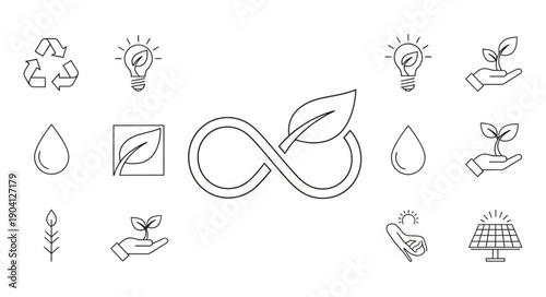 Set of eco friendly icons representing sustainability and renewable energy.
