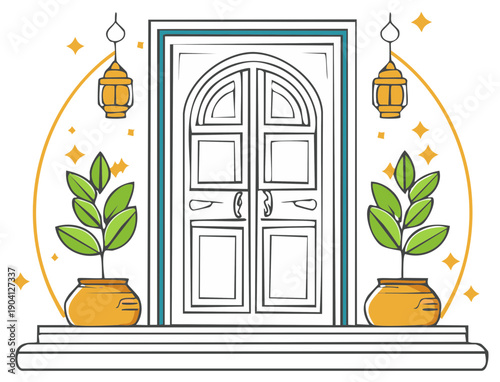 Doorway Illustration with Hanging Lanterns and Potted Plants Graphic Design