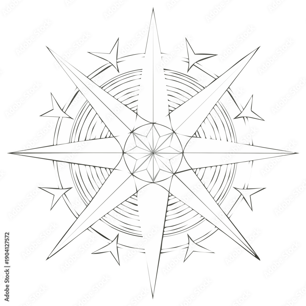 Fototapeta premium Intricate Compass Rose Eight Point Star Outline Geometric Design