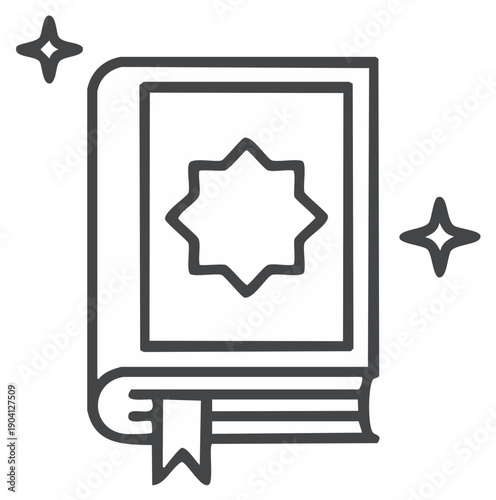 Sacred book line art illustration, Islamic symbol and star, Ramadan and Eid holiday vector graphics