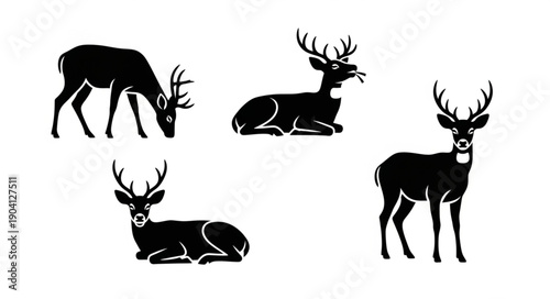 Set of Deer Silhouettes in Various Poses.