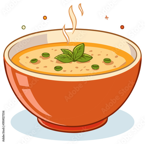 Hot steaming bowl of cream soup with fresh herb garnish cartoon vector illustration