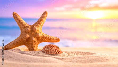Wallpaper Mural Starfish and Seashell on Sandy Beach at Sunset. Torontodigital.ca