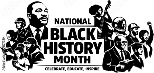 African-Americans history or black history month lettering with people silhouette on colorful background. Vector illustration
