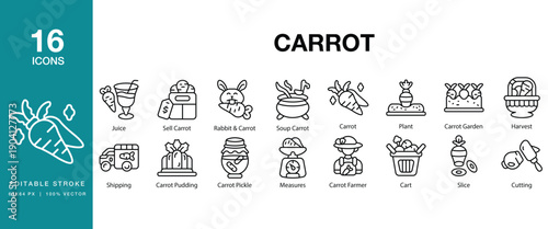 Carrot icon set. Includes carrot, vegetable, organic, farming, agriculture, harvest and More. Editable Stroke Icon Collection.