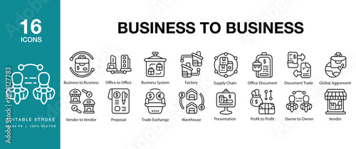 Business To Business icon set. Includes b2b, partnership, negotiation, contract, agreement and More. Editable Stroke Icon Collection.