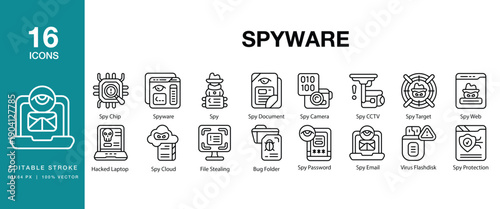 Spyware icon set. Includes spyware, malware, hacking, cybersecurity, virus and More. Editable Stroke Icon Collection.