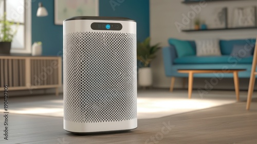 A modern white HEPA air purifier unit with a blue indicator light sits on the floor in a well lit living room