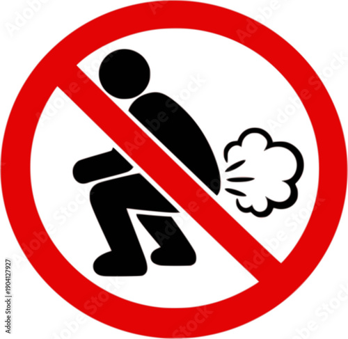 No Farting sign funny vector icon. Prohibition of flatulence symbol. Do not fart warning sticker. Bad smell and gas concept. Digestive health and public etiquette illustration.