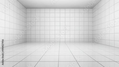 A modern interior showcasing perfectly aligned unblemished white ceramic tiles on both the walls and the floor creating a clean and bright symmetrical space with reflections on the smooth surface