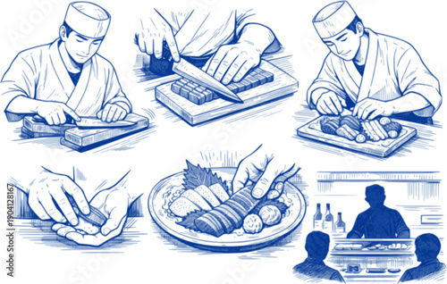 Sushi Chef Preparing Sashimi Silhouette Knife Japanese Sushi Master Culinary Itamae Chef Black Vector Isolated White Background Professional Expertise Japanese Cuisine Artisan