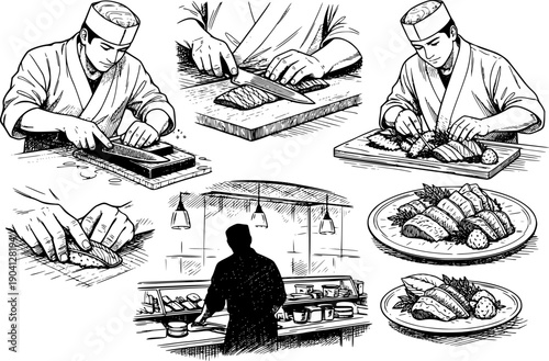 Sushi Chef Preparing Sashimi Silhouette Knife Japanese Sushi Master Culinary Itamae Chef Black Vector Isolated White Background Professional Expertise Japanese Cuisine Artisan