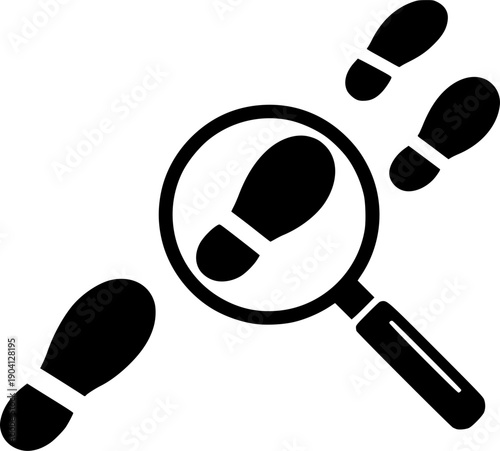 Detective investigation icon with magnifying glass over a footprint. Concept for evidence search, crime scene analysis, forensic science, tracking, and discovery of clues.