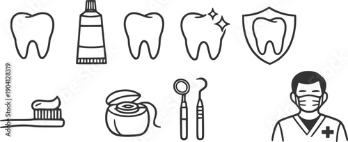 Dental care icon set vector. Dentistry and oral hygiene symbols. Tooth, toothpaste, toothbrush, floss, dentist tools. Teeth cleaning, protection and health. Stomatology line icons. 