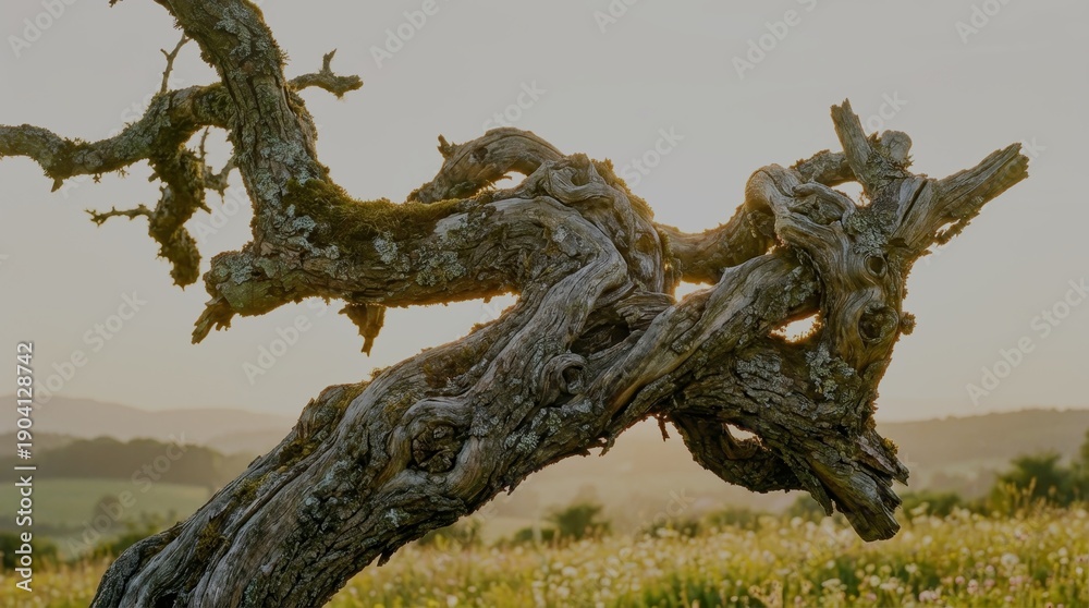 Fototapeta premium Ancient tree branch reaching toward golden light
