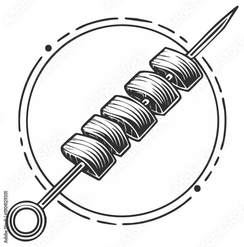 Grilled meat skewer illustration in engraved style within a circular frame
