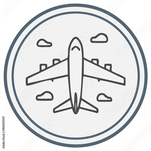 Airplane icon with clouds inside a circle