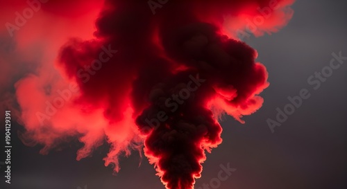 A plume of bright red smoke billows dramatically upwards against a dark, overcast sky, creating a striking visual. illustration