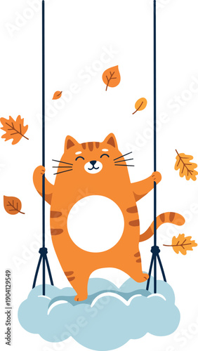 Cute Orange Cat on Swing with Falling Leaves Autumn Vector Art