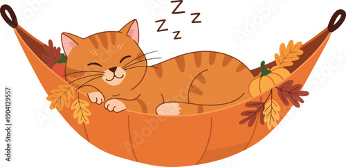 Cute Orange Cat Sleeping in Autumn Hammock with Pumpkins and Leaves