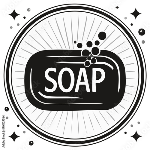 Bar of soap with bubbles label in black and white circle design for hygiene and cleanliness