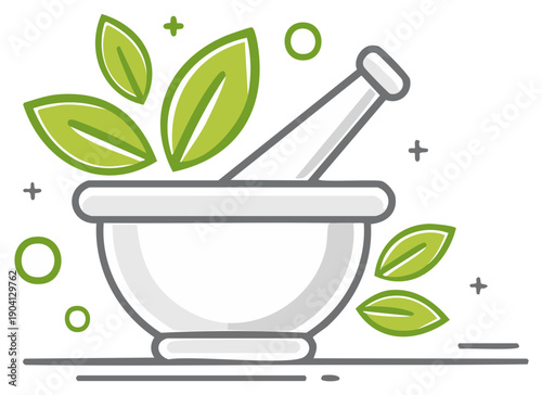 Mortar and pestle with fresh green leaves illustration. Traditional apothecary and herbal medicine preparation.