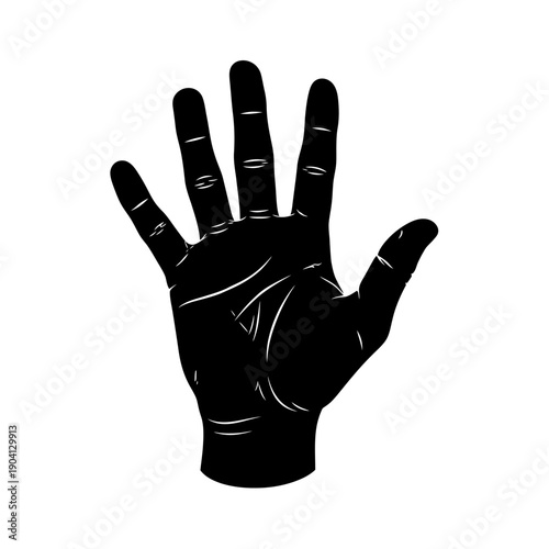 Black Silhouette Hand Showing Five Fingers, Open Palm, Isolated on White